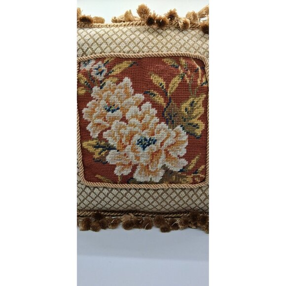 Vintage Floral Needlepoint Tapestry Throw Pillow With Tassel Trim Beige & Rust - Picture 6 of 10